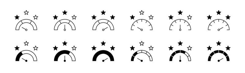 Rating scale icon set. Feedback speedometer with star. Review score with star