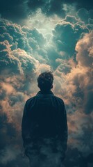 Wall Mural - A man standing in the clouds looking up at a sky full of stars, AI