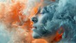 A woman with her face covered in smoke and colored liquid, AI