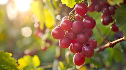 Canvas Print - Ripe grapes hanging on the vine with sunlight filtering through. Fresh, organic produce in a vineyard. Perfect for culinary and winery themes. AI