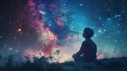 Sticker - A boy sitting on the ground looking up at a colorful sky, AI