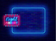 Night market neon banner. Vintage shopping greeting card. Empty blue frame and typography. Around the clock store. Welcome sign. Glowing flyer. Copy space. Editable stroke. Vector stock illustration