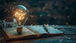 Book illuminated by light bulb, symbolizing creativity, innovation, and energy Keywords: light, inspiration, technology, design