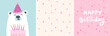Birthday cards set, cute bear with cake decorated candles, pink glitter stars seamless pattern, happy birthday text on pink confetti background