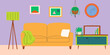 Living room interior design with furniture and macrame plant. Vector illustration.