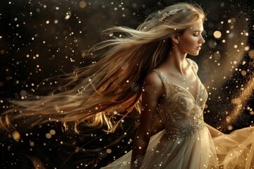 Beautiful girl bride in a wedding dress with sequins. Blonde hair is long, golden highlights.