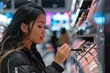 Young woman shopping for makeup products in cosmetic aisle at department store