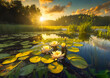 Wide angle shot of tranquil and calm lake with water lilies, reeds and setting evening sun. Delightful and meditative image.