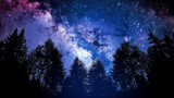 Fototapeta  - starry sky filled with numerous bright stars and the faint view of the Milky Way. Below, the silhouette of a dense forest