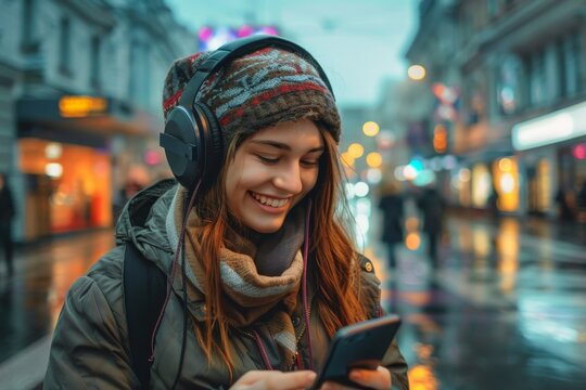 Smiling active woman with headphones enjoying music on smartphone in a city, Generative AI 