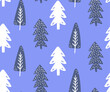 Simple blue christmas tree pattern, winter forest with pine and spruce, dark silhouettes with folk art decor elements, wrapping paper texture