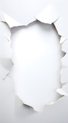 Wall Mural - White wall with a large hole with torn edges background. Large torn hole in the center of the white background