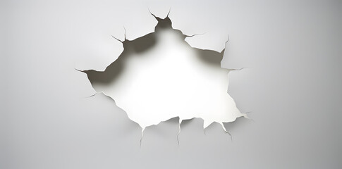 Wall Mural - White wall with a large hole with torn edges background. Large torn hole in the center of the white background