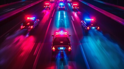 Wall Mural - Police car with flashing red blue light driving on city road