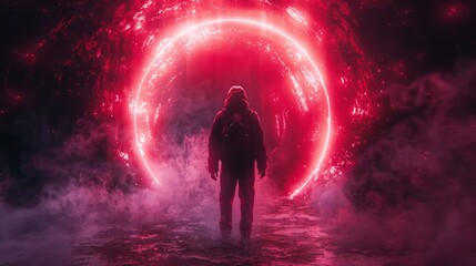 Canvas Print - A person standing in front of a red glowing tunnel, AI