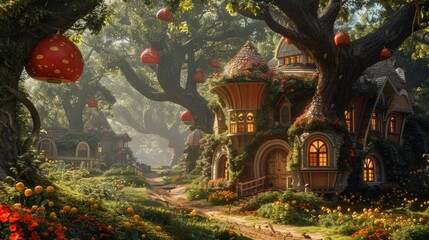 Wall Mural - A fairy tale house with a tree in the middle of it, AI