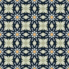 AI Illustration of abstract blue and green pattern with circles, leaves, and flowers on fabric