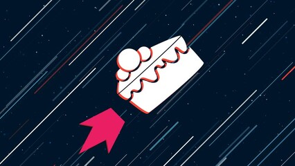 Poster - Piece of cake symbol flies through the universe on a jet propulsion. The symbol in the center is shaking due to high speed. Seamless looped 4k animation on dark blue background with stars
