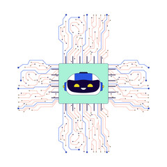 Poster - AI microchip cpu 2D linear cartoon object. Artificial intelligence chip circuit isolated line vector element white background. Circuitry motherboard. Innovative technology color flat spot illustration