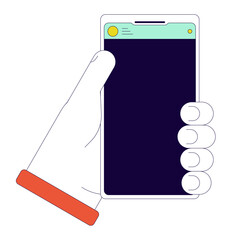Poster - Holding smartphone linear cartoon character hand illustration. Using mobile phone outline 2D vector image, white background. Cellphone in hand. Cell phone carrying editable flat color clipart