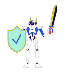 Poster - Robot with shield and sword 2D linear cartoon character. Cybersecurity humanoid isolated line vector personage white background. Cyber protection technology color flat spot illustration