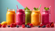 Delicious and healthy assorted fruit smoothies in mason jars with straws, decorated with fresh berries and mint leaves against a vibrant background