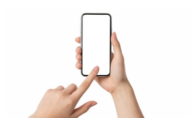 Wall Mural - woman hands using smartphone with blank screen, isolated on white background. Closeup hand holding mobile phone white screen is blank background