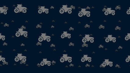 Poster - Tractor icons float horizontally from left to right. Parallax fly effect. Floating symbols are located randomly. Seamless looped 4k animation on dark blue background