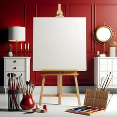 Easel with blank canvas and brush in art studio, suitable for mock up