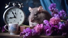 Gray Rat Sits With Cup Of Tea, A Teapot And Blue Alarm Clock, With A Bouquet Of Purple Flowers On A Black And White Wooden Background, He Is Having Breakfast