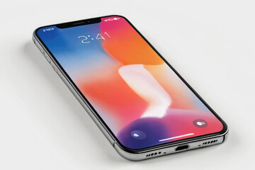 Poster - Realistic smartphone. Mobile phone with colorful screen on gray background. 3D mobile phone with shadow. Realistic, high quality smart phone