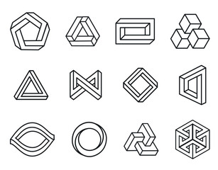 A set of non-existent geometric shapes. Tangled geometric puzzle shapes