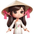 a little girl wearing vietnamese ao dai and Palm-leaf conical hat white background
