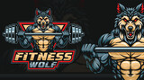 Fototapeta Pokój dzieciecy - Wolf fitness or gym illustration design, wolf lifting barbell illustration. Wolf mascot character