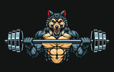 Fototapeta  - Wolf fitness or gym illustration design, wolf lifting barbell illustration. Wolf mascot character