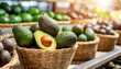 Close-up of a large group of wicker baskets full of fresh and ripe avocado fruits at the market or store with a great variety of choice. Buying vegetables and fruits at the market. Generative Ai.