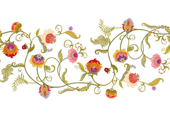 Wall Mural - Fantasy flowers in retro, vintage, jacobean embroidery style. Seamless pattern, background. Vector illustration.