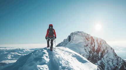 Wall Mural - Climber climb to the top of a snowy mountain