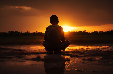 Prayer concept. Silhouette of a young child in a praying pose. Set against a vibrant sunset sunrise sky. Clasped hands. Also related to resilience, contemplation, guidance, devotion, graceful, peace