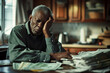 African American senior man sits at his kitchen table, surrounded by stacks of overdue bills and foreclosure notices,economic hardships