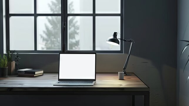 A desk or table with a laptop with a white screen and space for graphics or text standing by the window