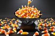 A bag filled with colorful candy corn spilling onto a wooden surface, dark background. Perfect for Halloween or autumn themes. generative ai