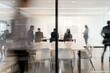 Blurred background of an office meeting room with people in motion blur
