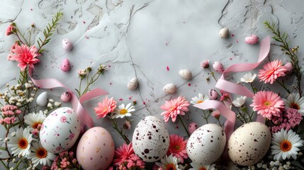 Easter composition with ribbons, eggs and floral wreaths on a light grey background with empty space in the center