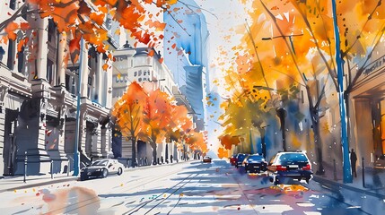 watercolor autumn city illustration poster background