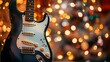 Music concert composition with close-up electronic guitar on blurred background with bokeh effect, copy space for text. Banner. 