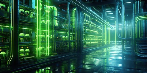 Wall Mural - AI Generated. AI Generative. Data internet server web connection green neon room in futuristic decoration background style. Network data base concept. Graphic Art