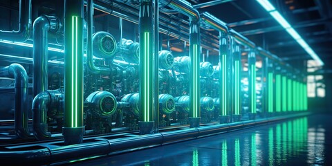 Wall Mural - AI Generated. AI Generative. Data internet server web connection green neon room in futuristic decoration background style. Network data base concept. Graphic Art