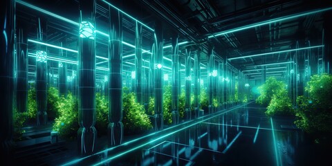 Wall Mural - AI Generated. AI Generative. Data internet server web connection green neon room in futuristic decoration background style. Network data base concept. Graphic Art