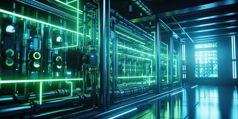 Wall Mural - AI Generated. AI Generative. Data internet server web connection green neon room in futuristic decoration background style. Network data base concept. Graphic Art